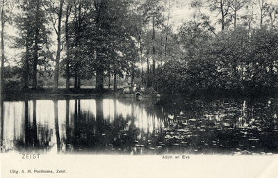15948 Gezicht op de vijver in het park van Slot Zeist te Zeist, met op de achtergrond de tuinbeelden Afrika en Azië.